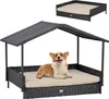2-in-1 Wicker Dog House,Elevated Dog Bed for Indoor/Outdoor with Removable Canopy,Large Dog House with Raised Pet Cot Cool, Breathable Shade