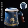 Muggar keramiska stjärnklara blå glasyrmugg kinesiska stora kapacitet hushåll vatten kopp trähandtag kontor sil tetbryggning