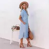 New fashionable solid color denim short sleeved dress medium length split lining dress