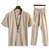 Summer Fashion Men Camisetas Set de algodón y lino Manga corta para hombre Top pantalones Top de pantalones M4XL 240403