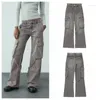 Women's Jeans 2024 Pocket Strap Trim Mid-waist Loose Straight Leg Cargo