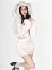 Work Dresses 2024 Spring White Kawaii 2 Piece Skirt Set Women Casual Cute Hooded Top Y2k Sweet Mini Japanese Fashion Suit