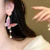 Dangle Earrings Long Tassel Hanging Butterfly Imitation Pearl Jewelry Accessories Ear Pendant Pink Rose Resin