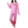 Vêtements de nuit pour femmes Set Silky Satin en dentelle Pyjamas V Neck Couper Pantalon de taille élastique Soft pour 2 PCS / Set