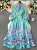 Casual Dresses Gorgeous Holiday Flower Maxi Dress 2024 Women's Stand Collar Long Lantern Sleeve Floral Print Belt Ruffles Robe Vestidos