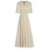 Partykleider Ilyboojun Sommer Modedesigner Vintage Kleid Frauen V-Ausschnitt Kurzarm Perlen Nagel Bead Khaki High Taille Midi