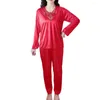 Vêtements de nuit pour femmes Set Silky Satin en dentelle Pyjamas V Neck Couper Pantalon de taille élastique Soft pour 2 PCS / Set