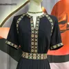 European Women's Dresses Fashion Brand Black V-Neck Short Sleeved Gathered Waist Embroidered Decorative Midi Dress