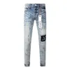 Damesbroek 2024 Purple Brand Hoge kwaliteit Jeans 1: 1 Tide Fashion Slim Fit blauw gescheurde patch -lichtkleur