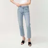 Kvinnors jeans totem-womens höga midja raka byxor vridna söm asymmetri tunn lös stil bomull casual klassiker