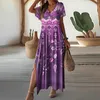 Vintage printjurken voor vrouwen Summer V Neck korte mouw opgesplitst Beach Party Dres Casual Long Dress 2024 Y240326
