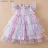 Girl's Dresses Girls Sequin Princess Dress Fly Seve Rainbow Star Cake Layered Dress Children Mesh Birthday Party Gowns Baby Casual Clothes L240402