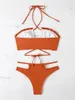 Women's Swimwear Halter Pleated Ruched Mid Waist Bikini Women Female Swimsuit Two-piece Set Padded Bather Bathing Suit Swim K3726