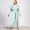 Plus Size Kleider Frauen lange Kleid elegante Roben Feste Farbe Knopf O Hals Rüschen Ärmel Vintage Loose Herbstkleidung