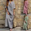 Casual Dresses Women's Summer Cotton Linen Long Dress Fashion Striped V Neck Loose Large Size Sleeve Pockets