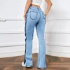 Jeans fashion streetwear blu per donne slit side fibbia decorazione slitta pantaloni dritti