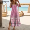 Vintage printjurken voor vrouwen Summer V Neck korte mouw opgesplitst Beach Party Dres Casual Long Dress 2024 Y240326