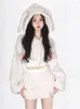 Work Dresses 2024 Spring White Kawaii 2 Piece Skirt Set Women Casual Cute Hooded Top Y2k Sweet Mini Japanese Fashion Suit