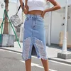 Skirts Women Ripped Hole Denim Skirt Trendy Streetwear Retro Hollow Out Split Pencil Summer Blue Jeans Wrapped Hip Faldas