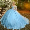 Sky Blue Shiny Princess Lace 3D Florals Quinceanera Dress for Girls Sweep Train Off Shoulder Formal Dress vestidos 15 De Ball Gown