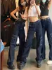 Women's Jeans Women Black High Waisted Baggy Denim Cargo Pants Patchwork Vintage Korean Street Y2K Streetwear Spring 2024
