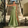 Party Dresses Satin A-line High Slit Prom Gown Strapless Sleeveless Pleat Backless Evening For Women Solid Color Banquet Dress
