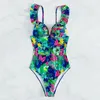 Kvinnors badkläder Push Up One Piece Swimsuit Women 2024 Sexig tryckt blommig ruffle trikini simning för plus storlek bad