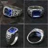 Band Rings Real Pure 925 Sterling Sier For Men Blue Natural Crystal Stone Mens Ring Vintage Hollow Engraved Flower Fine Jewelry Drop Dhijt