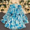 2024 Blue Autunno Tie-Dye Mini Abito Donne Dolce Schermate Chiffon Vestidos Female Elegante fiammata a manica lunga Moda irregolare