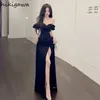 Lässige Kleider Mode Maxi Kleid für Frauen Koreanische Temperament Sexy Robe Femme Slash Hals Rüschen Split Bodycon Party Vestidos de Mujer