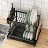 Kitchen Storage 2 Tier Dish Drying Rack Counter Organizer With Drainboard And Utensil Holders Carbon Steel Drainer Set