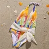 Damskie stroje kąpielowe zabytkowe krawat bar farbowanie bikini głębokie kantar kantarki backbeless bandaż bandaż bandaż monokini y2k kobiety 1-częściowy garnitur do kąpieli plażowej