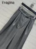 Women's Pants Evagina Fashion Designer Autumn Grey Color Casual Trousers Solid Straight Barrel Feathers Hem Wide Leg