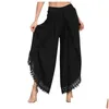 Calça feminina capris feminina lady use mori menina cintura elástica renda de renda cloghet perna larga calça de algodão calça de algodão hippie boho mulheres 2 dh4ak