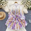 Dames basual jurken zomer runway prachtige bloem chiffon ruches mini jurk vrouwen standaard nek lantaarn mouw bloemenprint boho robe Vestidos 2024