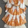 Casual Korean 2024 Dresses Fashion Flower Printed Women Short Dress With Sashes White Yellow Stand Collar Long Sleeve Ladies A-Line Vestidos 2024