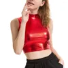 Camisoles Tanks Women Crop Top Faux Leather Tank Tops Sexig Shiny Wetlook Mock Neck Vest Slim Fit Dance Clubwear Stage Performance Clothes Clothes
