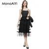 Robes de travail Monaaiyi Fashion Designer de mode pour femmes Bouton Single Black Black Casual Blazer Tiered Ruffles Mesh Sangle Robe 2PCS