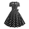 Casual Dresses Vintage Pin-up Dress 1950s Square Neck Midi With Big Hem Belted Bow Retro A-line Prom Dot Print Color