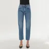 Kvinnors jeans totem-womens höga midja raka byxor vridna söm asymmetri tunn lös stil bomull casual klassiker