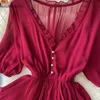 Cascading Ruffle Red / Blue / Brown Murffon Long Robe Femme Elegant V-Neck High Waist Short Sleeve Vacation Beach Vestidos Summer 2024