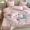 Bedding Sets Lace bordado rosa de luxo de luxo Kingsize American Pastoral DuvetCovers Casamento Conjunto de camas Modelo Cotton Cotton Bedset