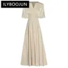 Partykleider Ilyboojun Sommer Modedesigner Vintage Kleid Frauen V-Ausschnitt Kurzarm Perlen Nagel Bead Khaki High Taille Midi