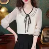 Kvinnors blusar Bow Tie Topps Women Korean Style Designkläder Lång ärm Elegant Office Lady Söt band Sweet Chiffon Basic Shirts