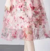 Robes de fête Fashion Rison Spring Summer Pink Floral Mesh Midi Robe Fomen Ve V Neck Short Flower Flower Imprimé High Taie Holiday Vêtements