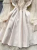 Vrouwen casual jurken kralen vintage jurk mode mode high taille patchwork gaas