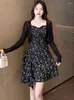 Robes décontractées Femme Summer Fashion coréenne Élégant ensembles de robes en deux pièces 2024 Black Floral Sexy Sling Mini Cardigan tricot