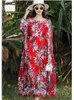 Vestidos informales de alta gama de primavera /verano Bordado con cuello O bordado con estampado rojo Silk cintura alta Longitud de longitud de longitud