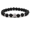 Strand Classic Natural Black Volcanic Lava Stone Bracelets Pave CZ Ball Manual Bracelet Bangle For Women&Men Charm Jewelry Pulseras