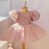 Girl's jurken roze pailletten toddr kinderen verjaardag jurken voor meisjes puff seve pasgeboren baby doop doop prinses jurk bruiloft feest formele jurk l240402